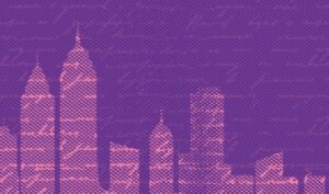 city skyline on a purple background